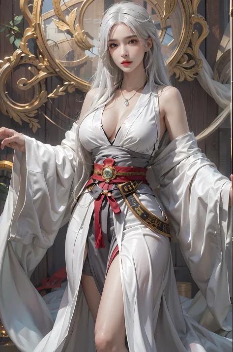 Photorealistic, high resolution, 1womanl, Solo, huge tit,Hips up, view the viewer, (Detailed face), White hair, Long hair, taoist robe,Oversized clothes, jewelry，slim toned body，crisp breasts，There is a halo behind it