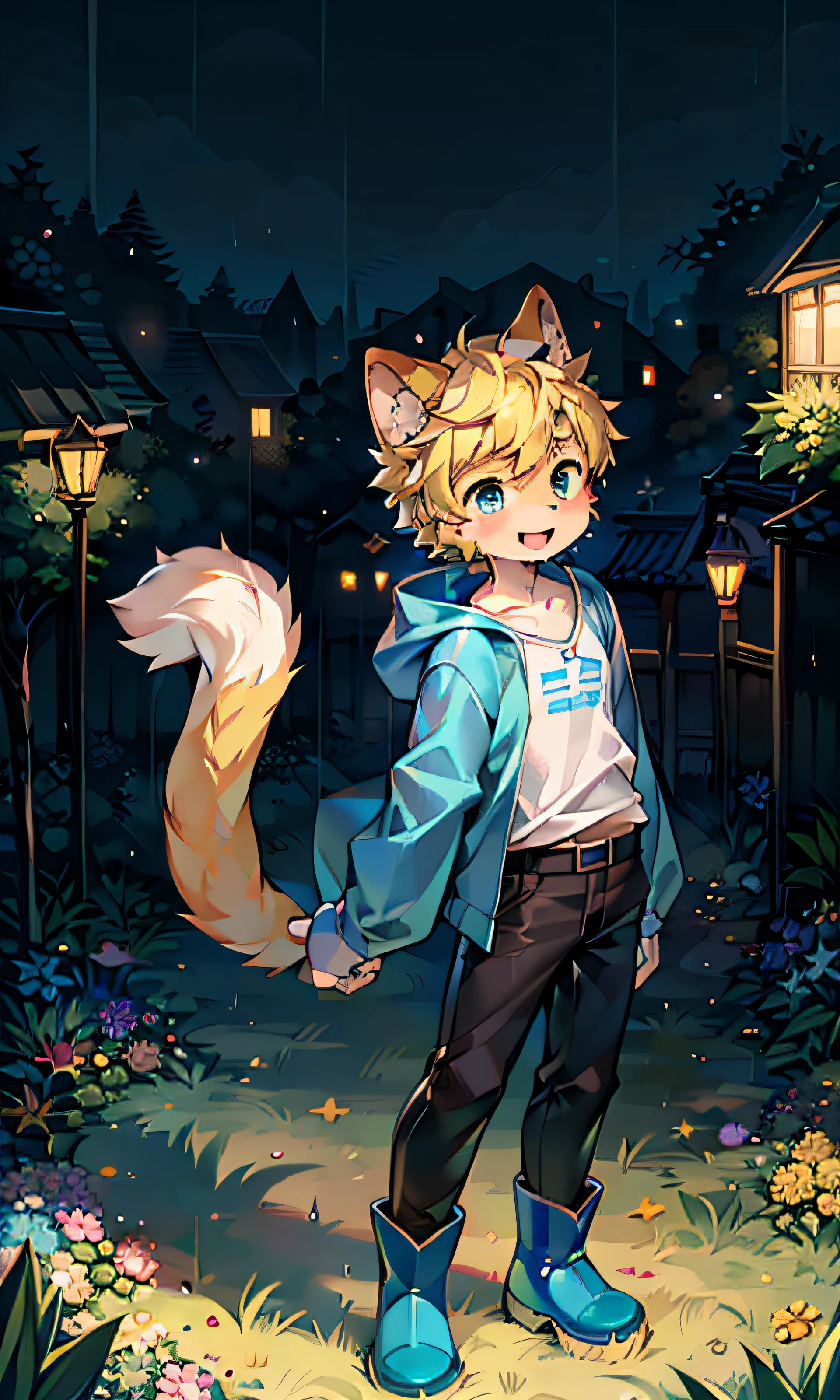Field garden，A boy appeared wearing a shirt, a blue raincoat and black trousers，He was lovely，Has a large fluffy tail and cat ears。His short blonde hair was accompanied by a bunch of bells and headphoneouth slightly open，Happy play in the rain，There are no spots on him，The whole body is covered in a golden furry，Like a cute cub。He was alone，Pose in the rain，Show your entire body facing the camera。The blue rain boots he wears add a playful touch to his outfit。This lone boy is a masterpiece，Presented in high-quality portrait form。