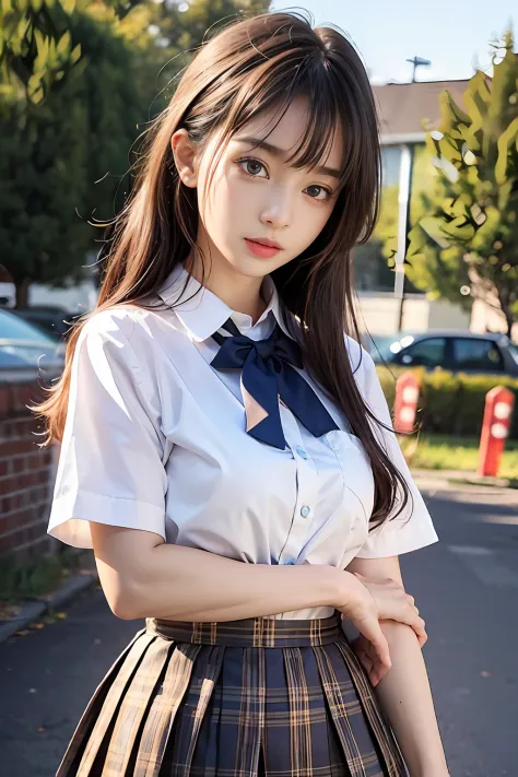 (8K, Best Quality, masutepiece: 1.2), Realistic, Ultra High Resolution, Intricate details, 1 girl, Beautiful face, jk suit, White shirt, Yellow bow tie, Yellow skirt, plaid skirts, Pleated skirt, Upper body, Standing, wide-angle lens, Surreal Schoolgirl, S...