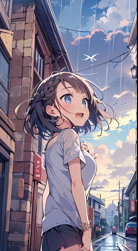 masutepiece, Best Quality,Illustration, Wallpaper, Ultra Detail, absurderes, 1girl in, Solo, (Medium short hair、short braided hair), Beautiful detailed eyes, after rain , (Street:1.3), Bright sky after rain、Hair that flutters in the wind、look up sky