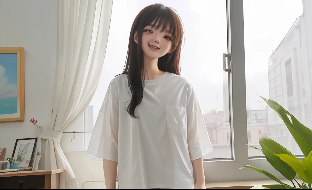 (8K、top-quality、top-quality、​masterpiece、ighly detailed:1.2)、

1girl in、The upper part of the body、Boyfriend wearing shirt and panties、(naked shirts、Shirt pulling)、full of shyness、half laugh、at noon、frombelow