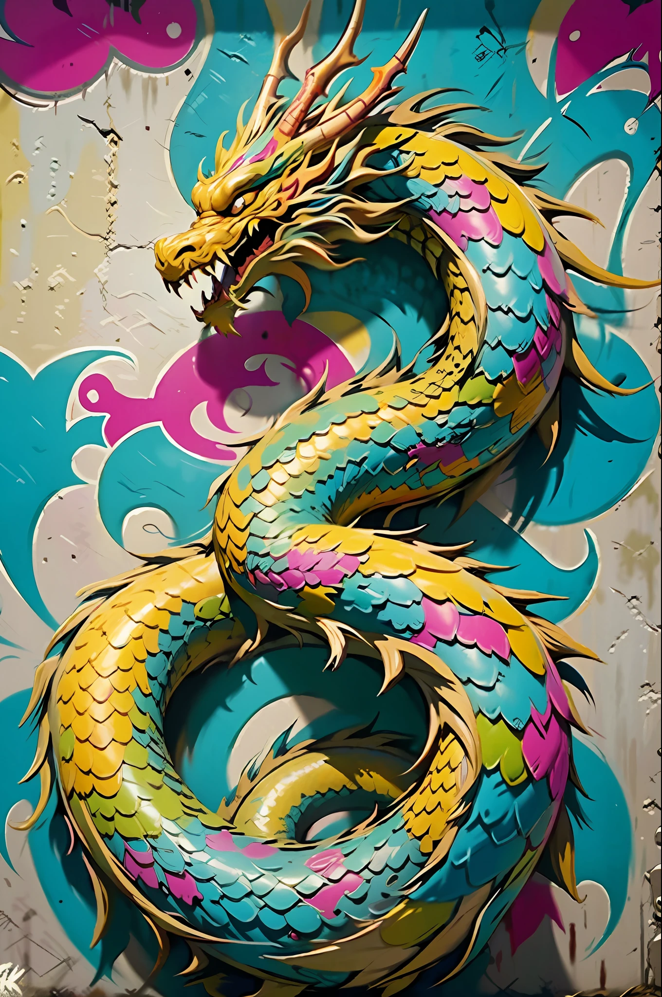 graffiti art of a colorful dragon on a wall in a park, graffiti street art, grafitti art, painted on a giant wall, streetart, street art, weird art on the wall, snake art, graffiti monster, urban art style, street art style, graffiti art, intricate graffiti, urban art, street art:2 highly detailed, modern street art, dragon art