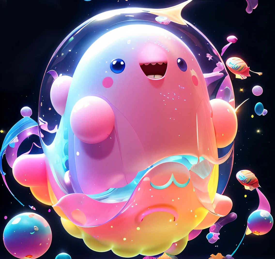 Il y a un petit poisson rose et bleu très mignon qui flotte dans les airs, adorable art numérique, slime mignon et pastel, joli art numérique détaillé, mignon coloré adorable, adorable créature lumineuse, belle peinture numérique, goutte d&#39;anime, lueur de gelée, boue colorée, créature adorable, beeple et jérémie ketner, joli rendu 3D, baleine magique de l&#39;espace, bulle en colère rose, boues，Face à gauche，mer houle