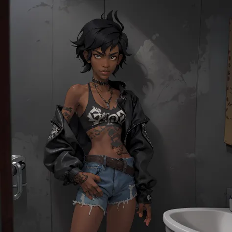 1girl, in bathroom, punk style, mullet-cut, ebony skin, awesome character.