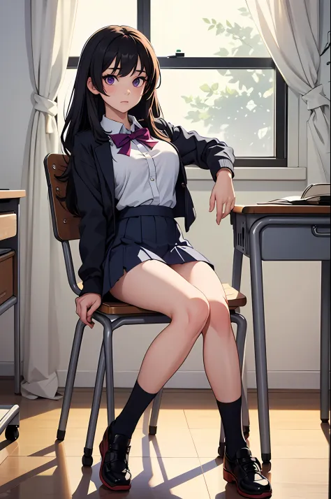 masterpiece, best quality, highres, 1girl, solo, high school uniform, skirt, bare legs, matching shoes, looking at viewer, empty...