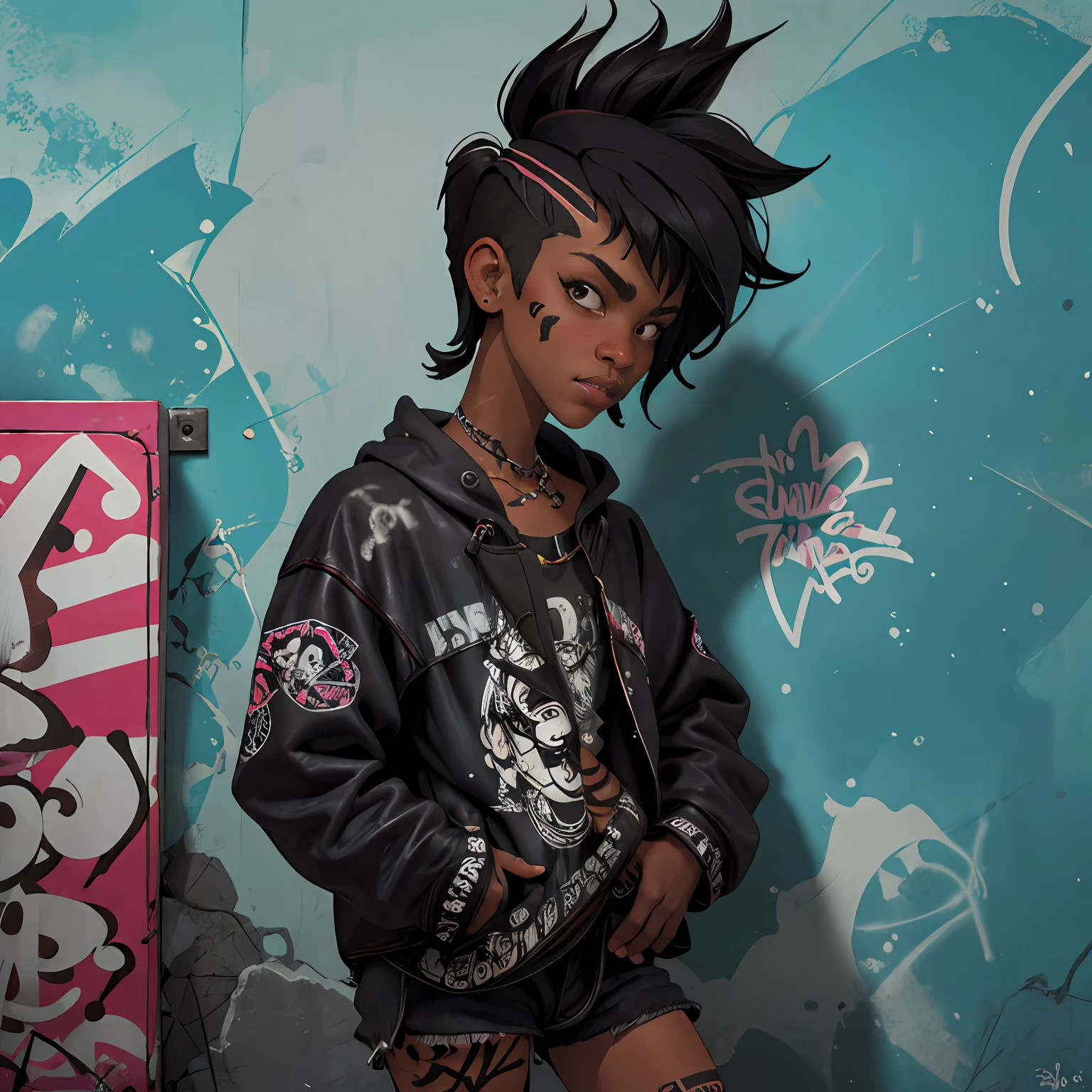 1girl, in bathroom, punk style, mullet-cut, ebony skin, awesome character, Graffiti background