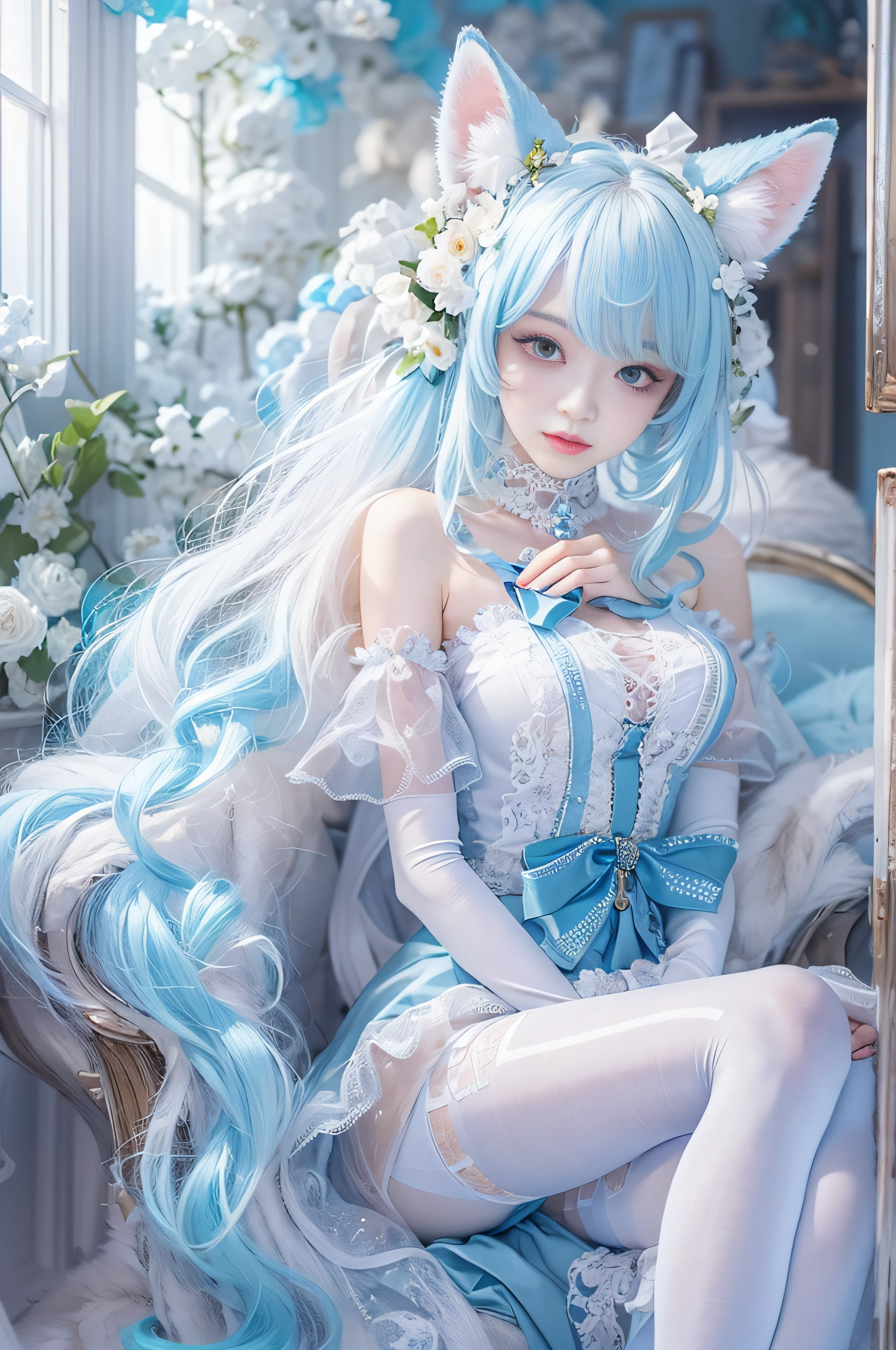 The appearance is very attractive, Wear a pair of light blue pantyhose，Wear it with a blue and white Lolita dress，He wears a pair of white fox ears on his head，There is also a white fox tail behind him，Fair and delicate skin，The makeup on the face is elegant，The eyes are a pair of clear and bright blues，Her hair is light blue，waist-high，The whole person exudes a fresh and lovely atmosphere，16 yaers old，Extremely realistic