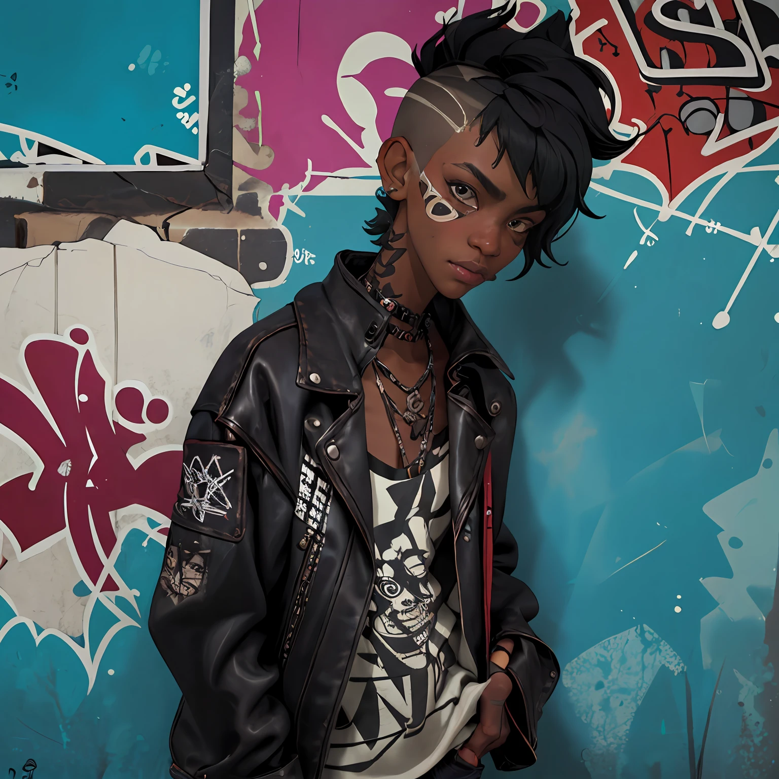 1girl, in bathroom, punk style, mullet-cut, ebony skin, awesome character, Graffiti background