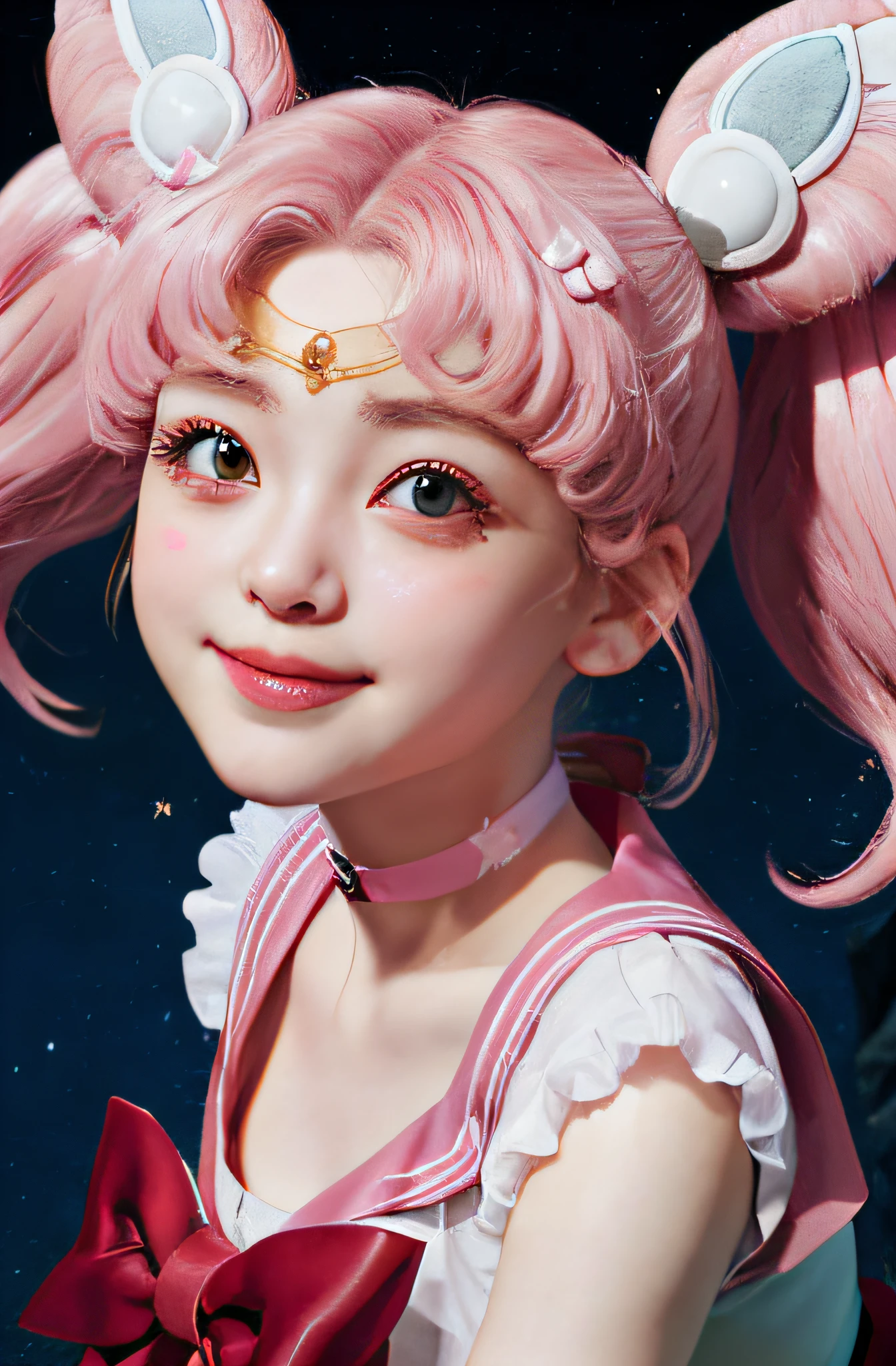 ((HD Real、Sama 1 Level)), Extreme Real, ​masterpiece, top-quality, hight resolution, SAMA1, spaces, stunning beauty, Upper body photo、1 little girl、breastsout、gloves、s lips、独奏、Sailor Chibi Moon、Chibiusa,Red Eyes、SM Uniform、Mer1、tiarra、Sailor Senshi Uniform、(Raw photography、top-quality)、​masterpiece、Pink twin tails、Pink sailor color、the bow、a choker、white glove、Pink choker、elbow groves、jewely、耳Nipple Ring、Pink skirt、sole、full body Esbian、Pink hair、(perfect hand):3.8、octan render、goddess of the moon、 (a closeup:1.2)Beautiful eyes with fine details、a closeup、Small eyes、looking at viewert、to8contrast style、Octane line art、Universe and Moon Background、Lowered hand、no-makeup、Innocent child smile、Short