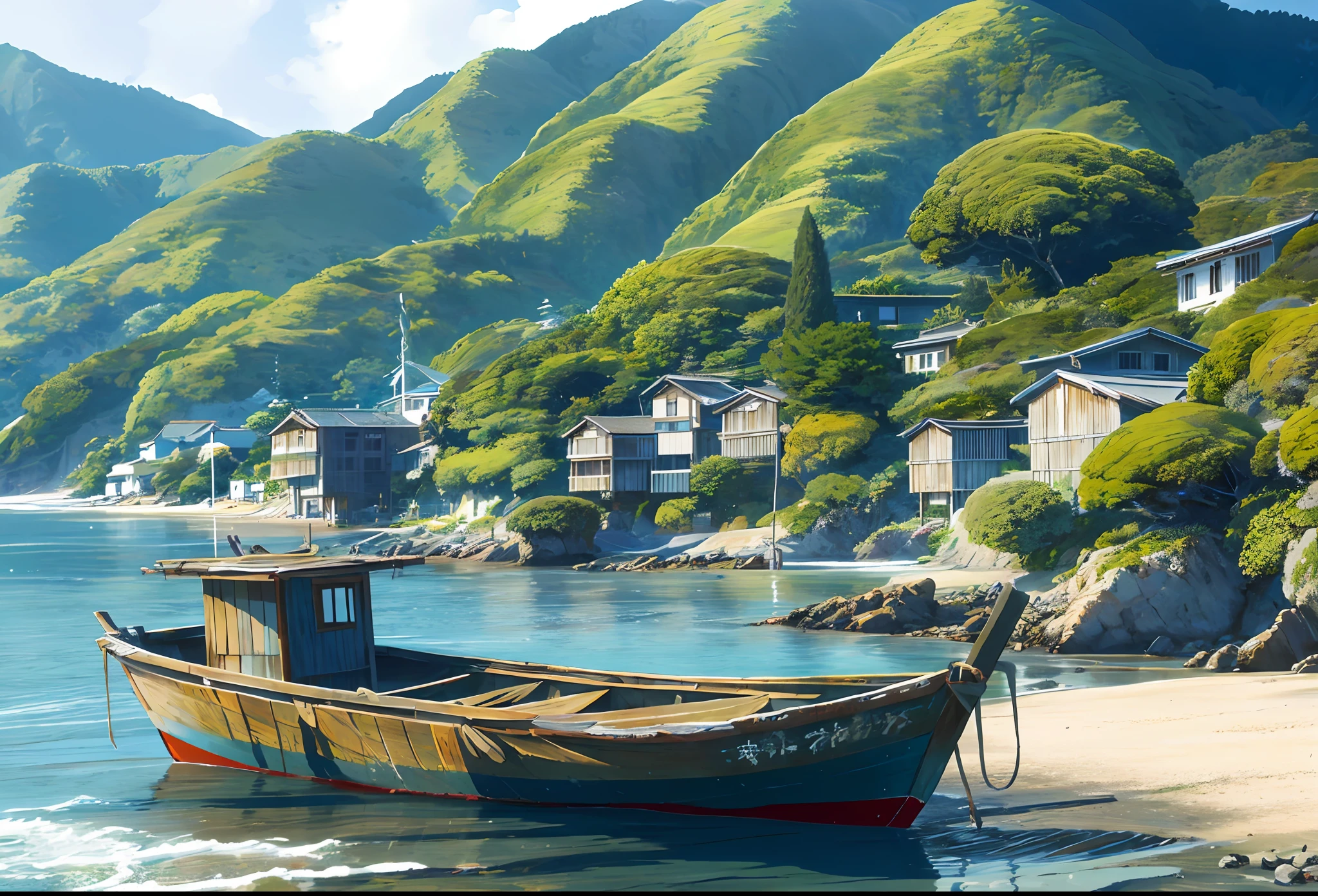 A serene coastal old Japanese village nestled between lush green hills and a sparkling blue ocean.An old, weathered fishing boat resting peacefully on the sandy shore.