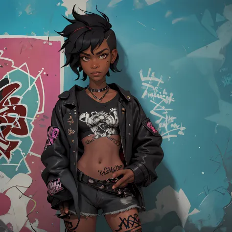 1girl, in bathroom, punk style, mullet-cut, ebony skin, awesome character, Graffiti background
