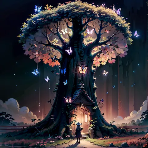 it's dark，only butterflies are flying，tiny glowing butterflies，there is a giant glowing tree in the darkness，there is a small gl...