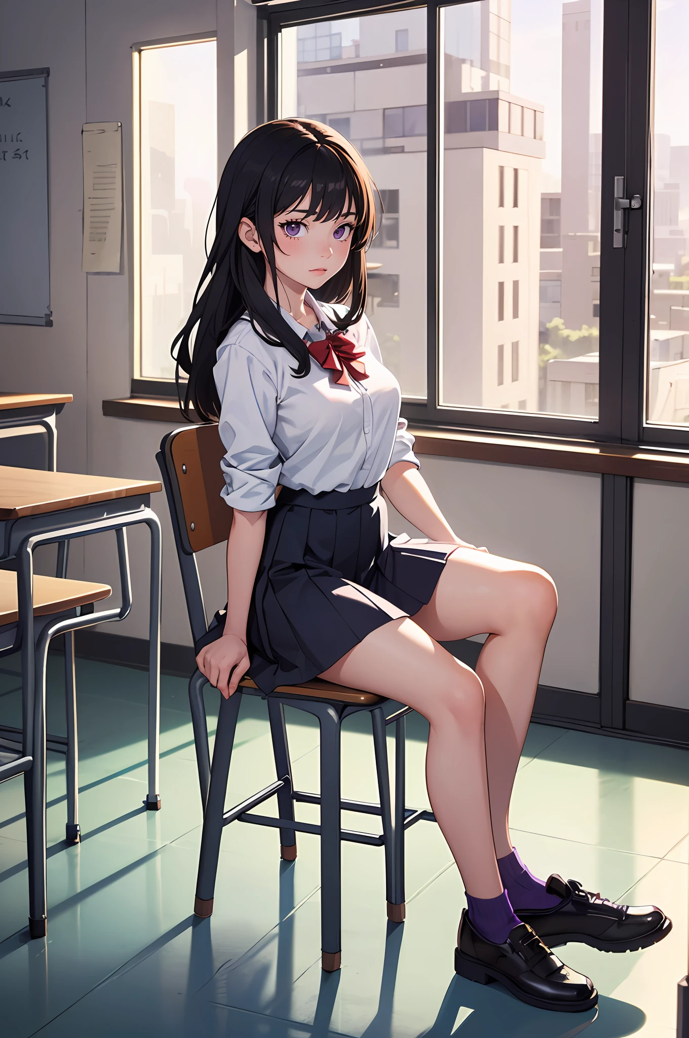 masterpiece, best quality, highres, 1girl, solo, high school uniform, skirt, bare legs, matching shoes, looking at viewer, empty classroom, soft lighting, black hair, purple eyes, medium breasts, long hair, sitting in a chair, full body, hair down, cool