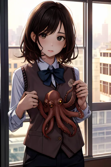 octopus, 1girl, matured female, face focus, vest, bow, best quality, hires, detailed face, office, buildings from window, detail...