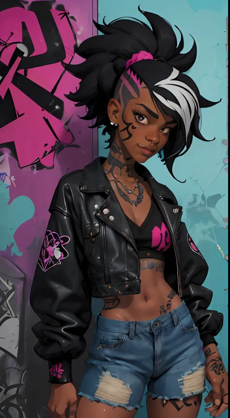 1girl, in bathroom, punk style, mullet-cut, ebony skin, awesome character, Graffiti background