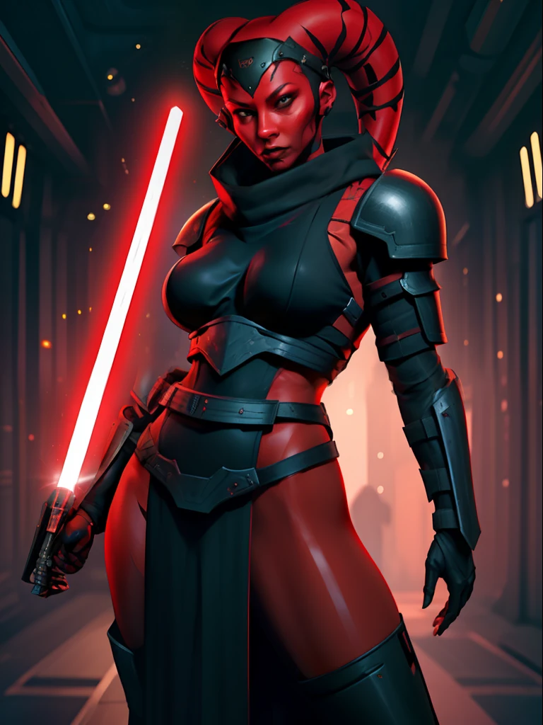 ((armor)), busty, ((red skin), twi'lek), dual red lightsabers, evil space knight, space ninja, (wearing heavy black armor, robes, black stealth armor, breastplate, tunic, tabard, cowl, cloak, body glove, straps, buckles, skirts, long sleeves, fantasy, ((armor))), ((busty), slender body, thin, slim sexy body, slim waist, ((gigantic breasts))), Imperial starship, Star Wars,
