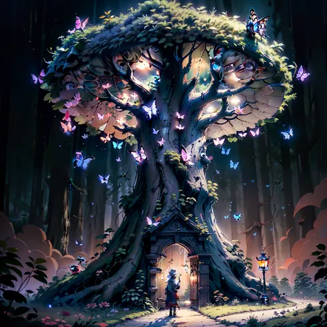 it's dark，only butterflies are flying，tiny glowing butterflies，there is a giant glowing tree in the darkness，there is a small gl...