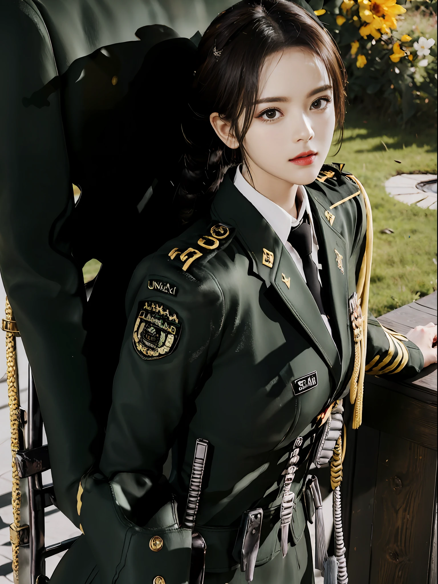 Very detailed CG unity 8K wallpaper，（tmasterpiece），（best qualtiy），（ultra - detailed），（Ultra photo realsisim），（best character detail：1.36），Nikon D750 f / 1.4 55mm，profesional lighting， physically-based renderingt, 1girll, Female soldier，army suit，Green military uniform，Fabric texture military uniform，Pure white lining，Dark green tie，Black hair，the golden ratio,[:(com rosto detalhado:1.2):0.2]:,PureErosFace_V1, broad shoulder,(Bigchest:1.5),(big assa:1.5)，Soaked with sweat，Place your hands on your chest，red flags，At the cafe，Splendid scenery，bright sun，upper body photos，