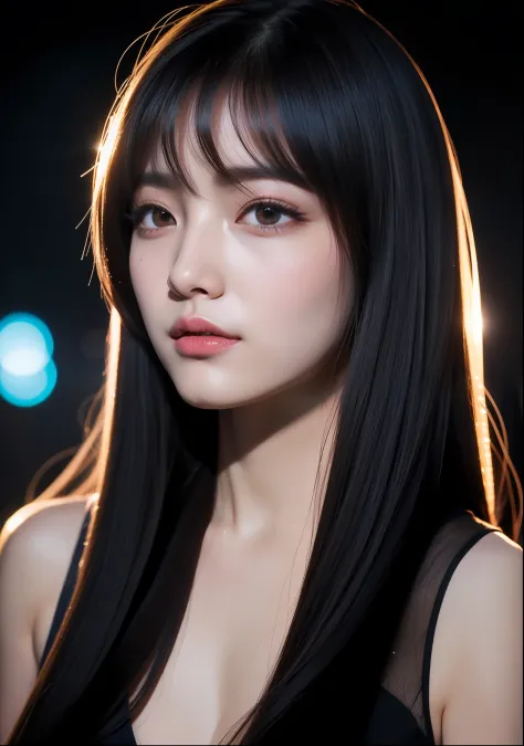 realistic photos of (1 cute Korean star) straight hair, thin makeup, 32 inch breasts size, wearing dress, close-up portrait, at the street night, ray tracing, blending, diffraction spikes