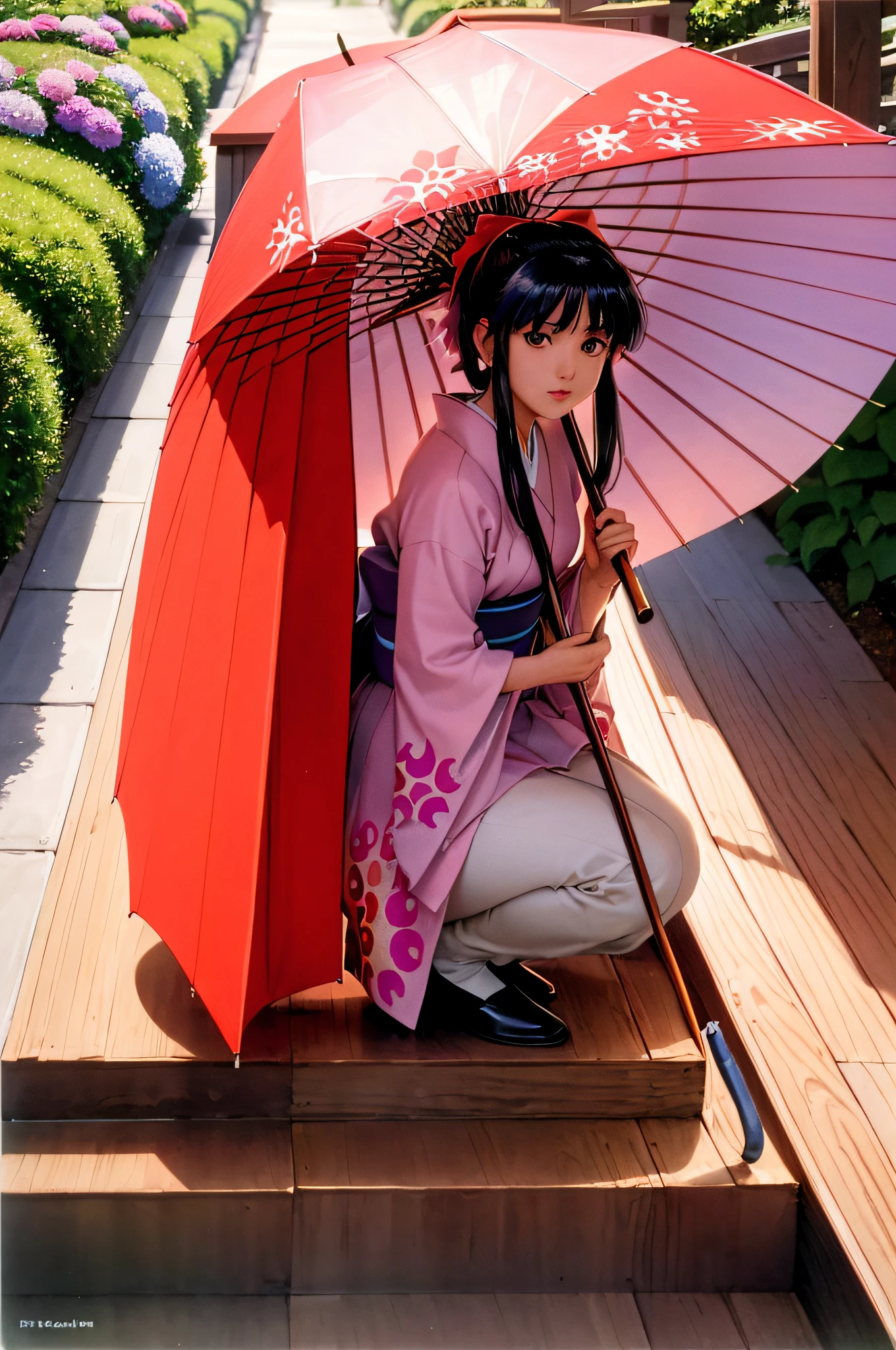 masterpiece, best quality,(1990s \(style\):1.2),Sakura Shinguuji (sakure wars), 1girl, umbrella, solo, japanese clothes, long hair, flower, oil-paper umbrella, kimono, hydrangea, bow