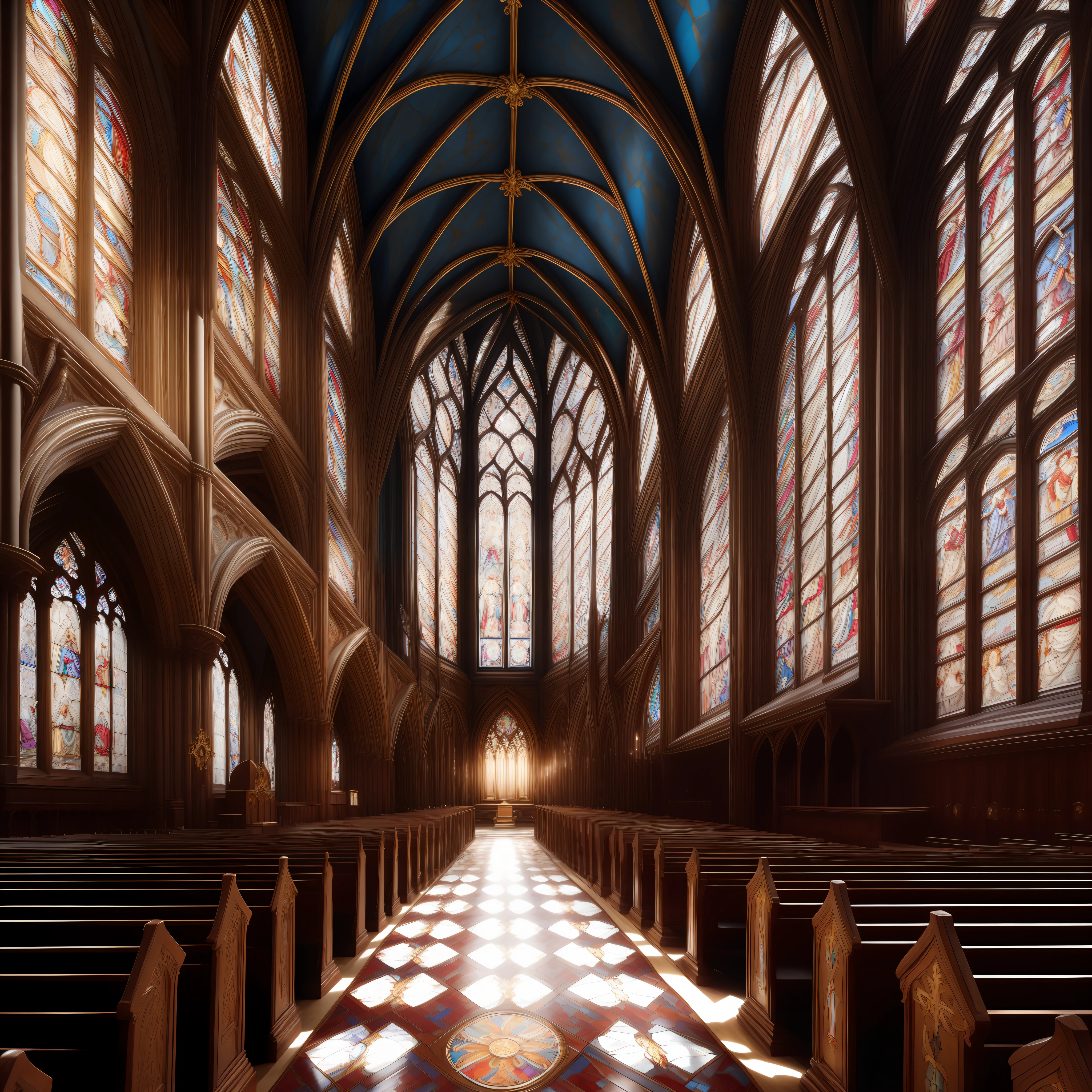 ((Best quality)), ((Masterpiece)), ((Realistic)), chies， Interior of the cathedral with stained glass windows，crosses，lectern，landscape, Wide shot, illustration, Highly detailed, Hyperrealistic，Sharp focus, a digital rendering, professional, 4K,（Saints Chapel style：1）