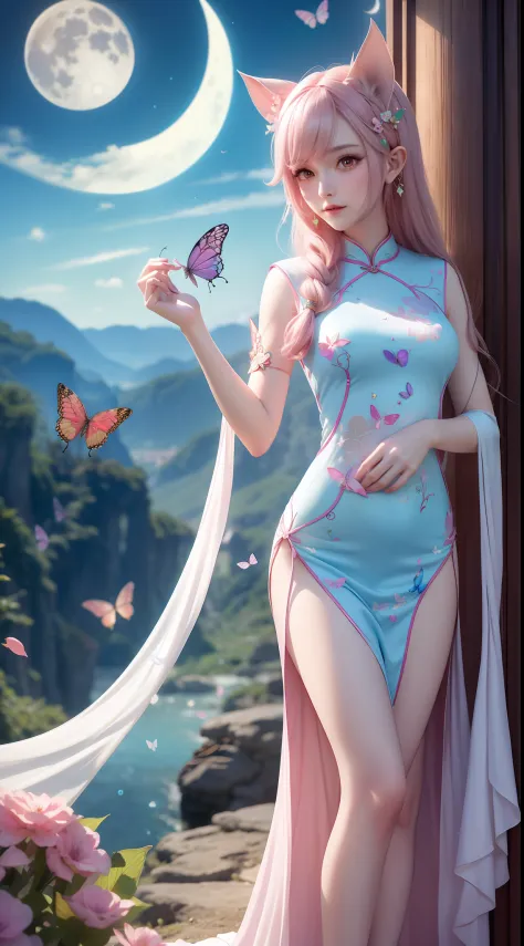 elvish ears，Green cheongsam，Long legs，Colorful butterfly wings，Skysky，Moon，Fly hand in hand with girls