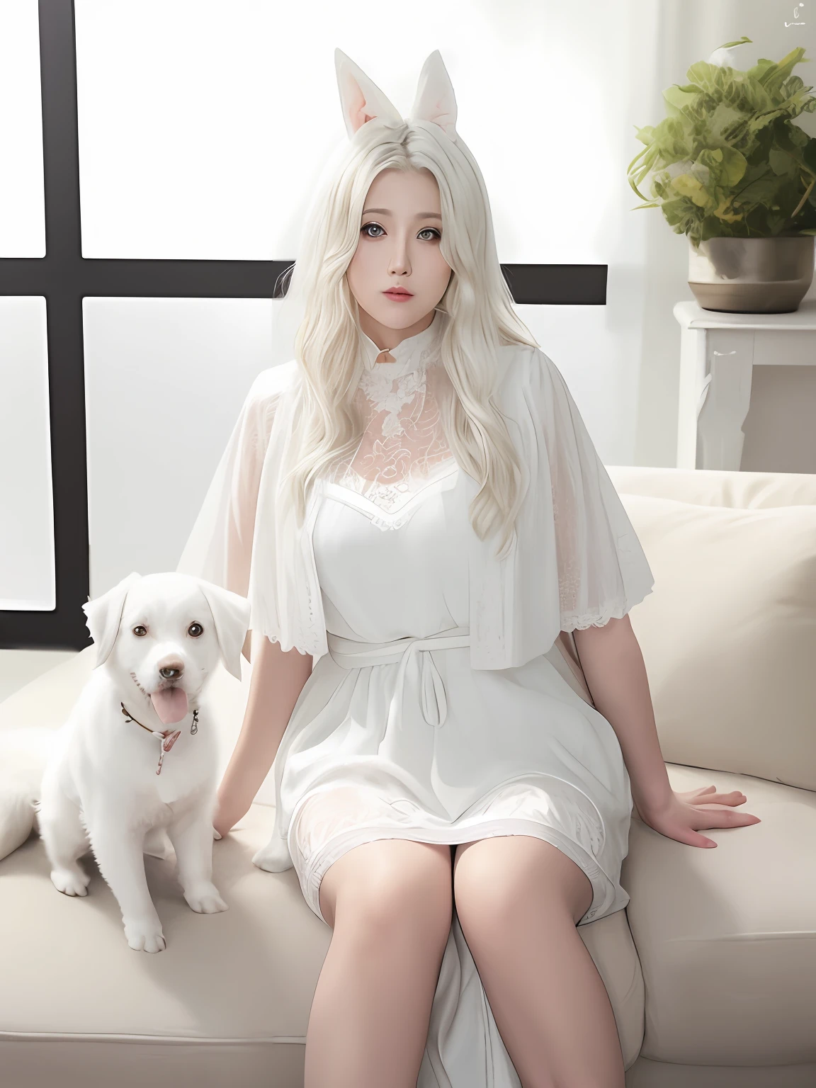 Photo of Alafard of a white dog sitting on a sofa, small white dog at her side, Middle metaverse, awww, Chiba Yuda, o cachorrinho, Wang Chen, Cute dog, Weibo, Cai Xukun, White-haired, qiangshu, very cute features
