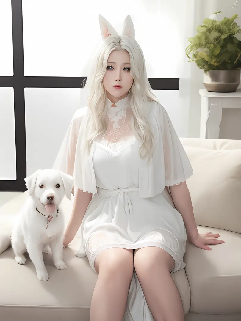 Photo of Alafard of a white dog sitting on a sofa, small white dog at her side, Middle metaverse, awww, Chiba Yuda, o cachorrinh...