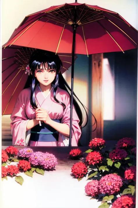 masterpiece, best quality,(1990s \(style\):1.2),sakura shinguuji (sakure wars), 1girl, umbrella, solo, japanese clothes, long ha...