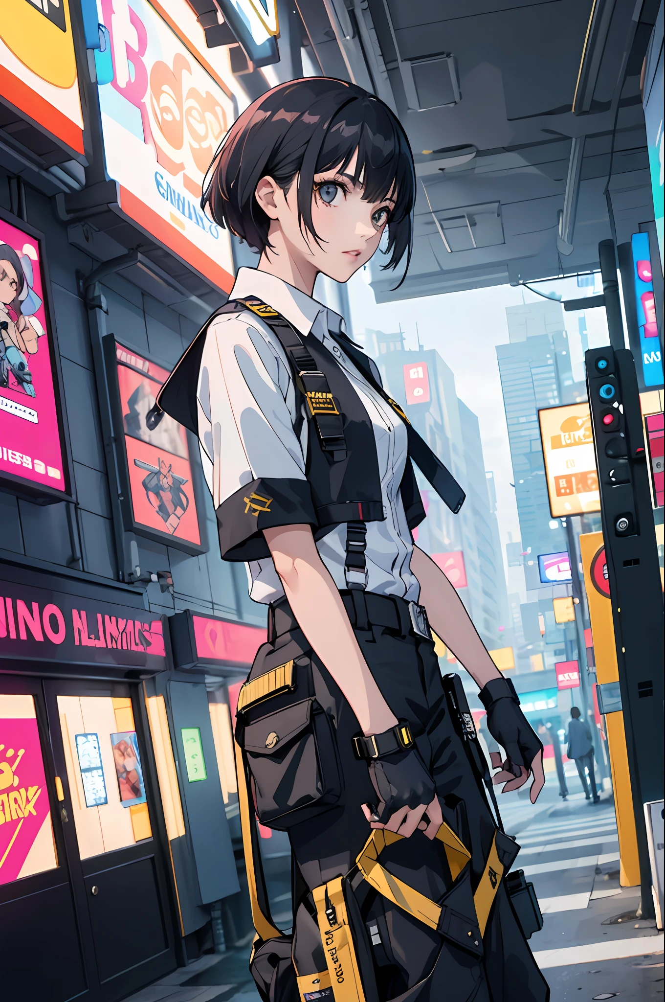 (best qualityer, Masterpiece artwork:1.2) | eye detailed:1.2 1 woman ,sorindo (dinamic angle, ass pov, muka, long hair,gun store) choker, chemise, open sweatshirt, finely detailled, Masterpiece artwork, clothes in the style of cyberpunk