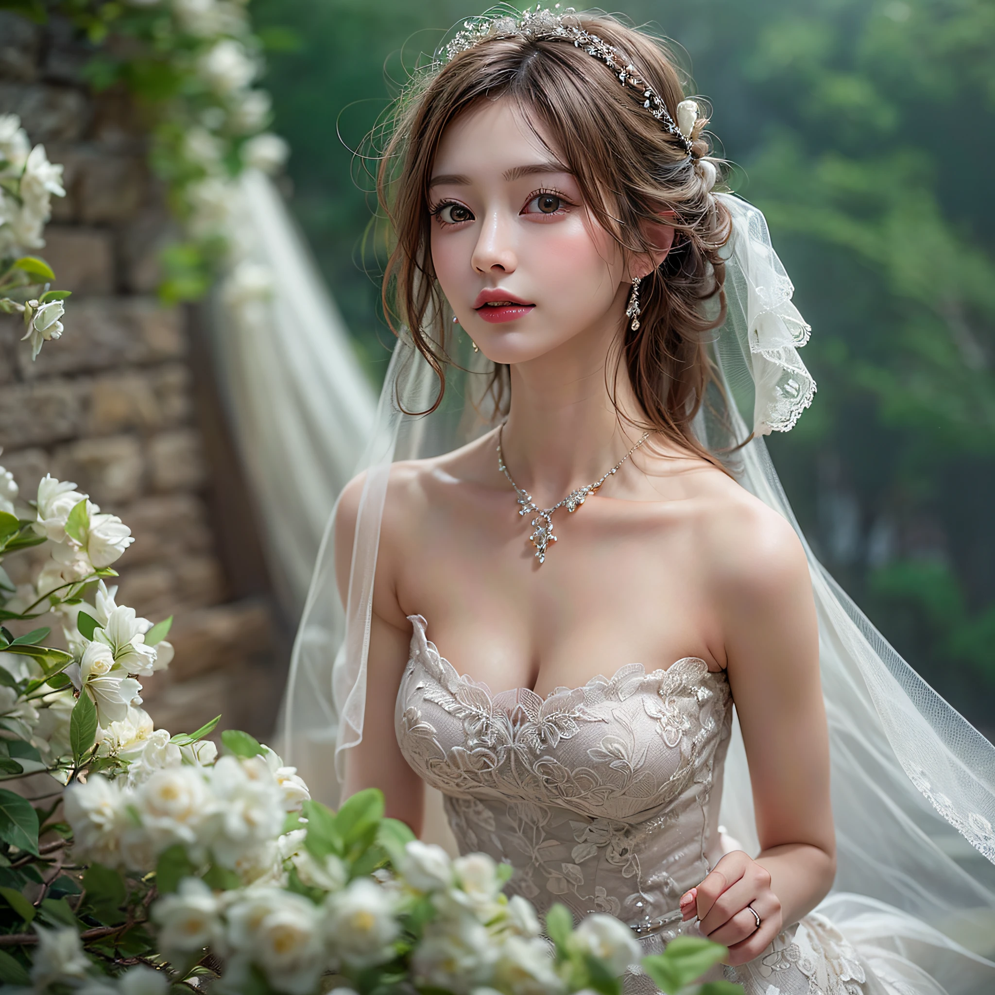 A close up of a woman in a wedding dress near flowers - SeaArt AI