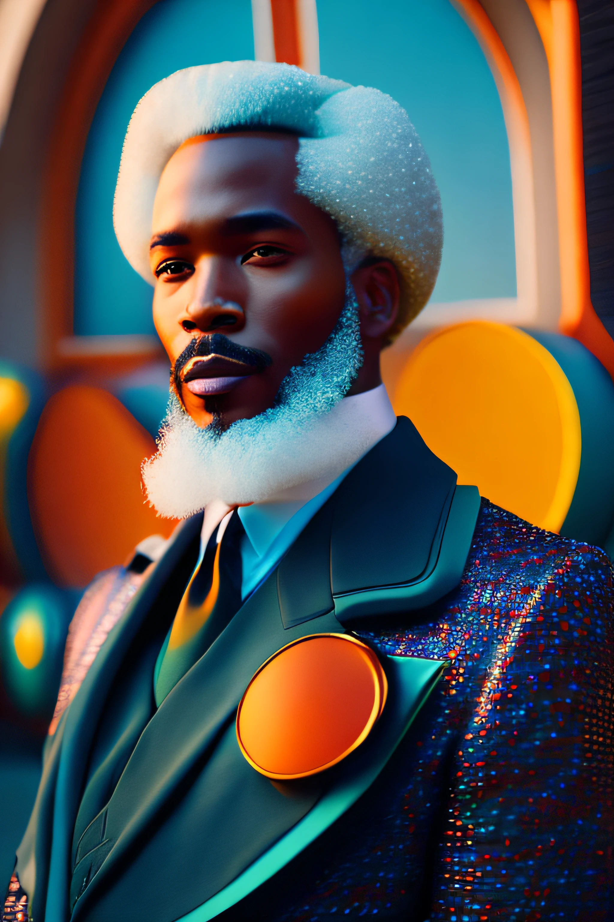 (Портрет африканского модника, пожилой, большая белая борода, Очень элегантно, 1950-е годы с замысловатым цветным и цветным стеклом), разноцветные пушистые волосы, выражение серьезное (чрезвычайно детальная цифровая фотография: 1.2), стою посреди города, (((все тело))), необработанное изображение,, Хассельблад, 50 часов, f8, 12 миллиметров, эффекты свечения, Лучи Бога, нарисованный от руки, одолжить, 8К, Октановый рендер, кино 4д, блендер, Темный, атмосферное 4k ультра детализированное, кинематографический чувственный, острый фокус, юмористическая иллюстрация, большая глубина резкости, первая работа, ядра, 3D октановый рендер, 4k, концептуальное искусство, тренд на artstation, Гиперреалистичный, ядра vivas, Светящееся кольцо, extremamente detalhado CG unidade de papel de parede 8К, тренды в artstation, тенденция в компьютерном обществе, Стиль поп-арт Эрика Мэдигана Хека, сложный, Высокая детализация, Драматический , чистая энергия, легкие частицы, научная фантастика