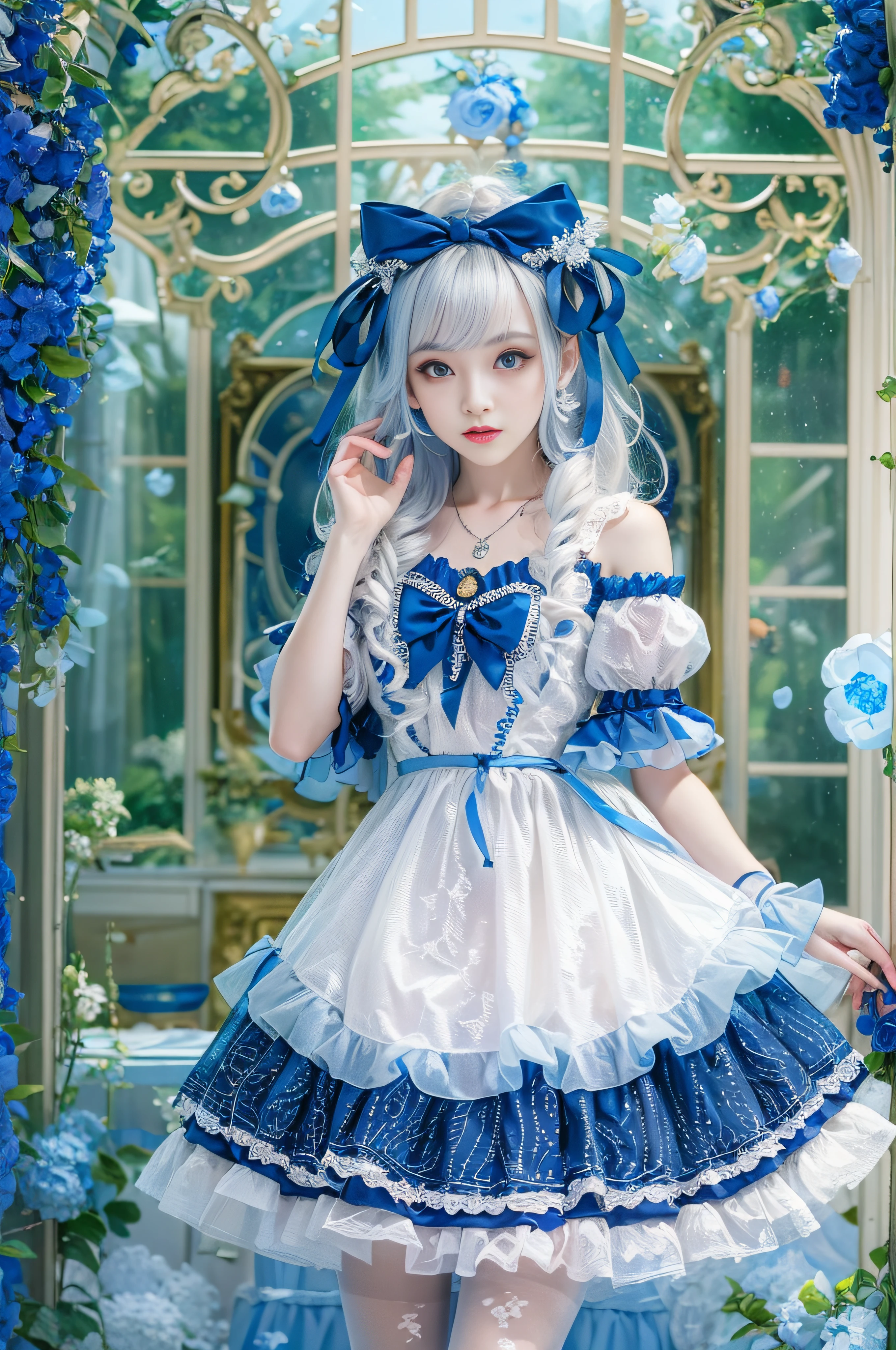 The appearance is very attractive, Wear a pair of sapphire pantyhose，Wearing a jewel blue and white Lolita dress，Fair and delicate skin，The eyes are a pair of clear and bright sapphire blues，The hair is sapphire blue，waist-high，The whole person exudes a fresh and lovely atmosphere，16 yaers old，Extremely realistic