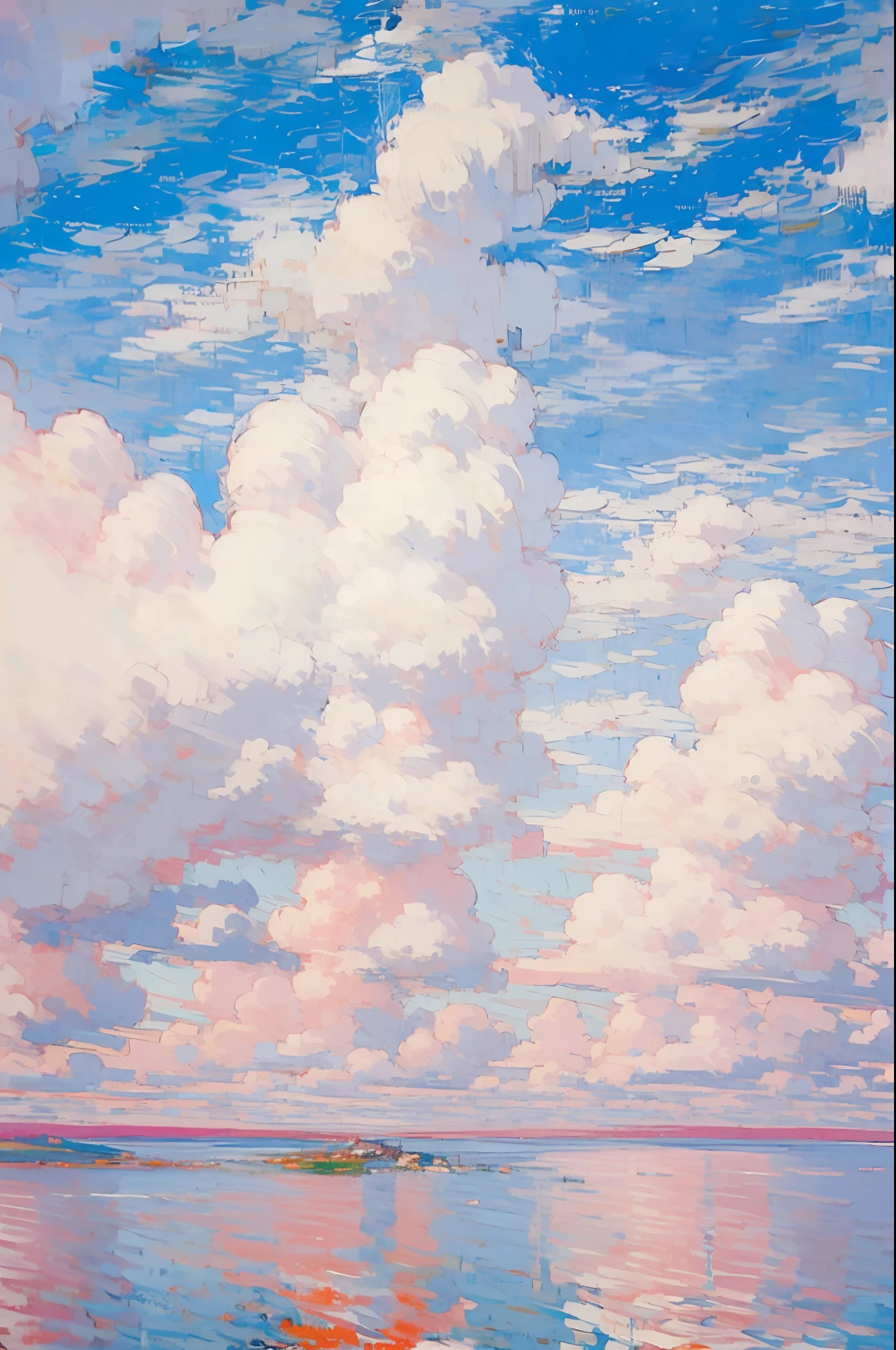 (no humans:1.8),pink cloud, sky, no humans, outdoors, scenery, cloudy sky, traditional media, horizon, blue sky, water, day, ocean, reflection, painting (medium)