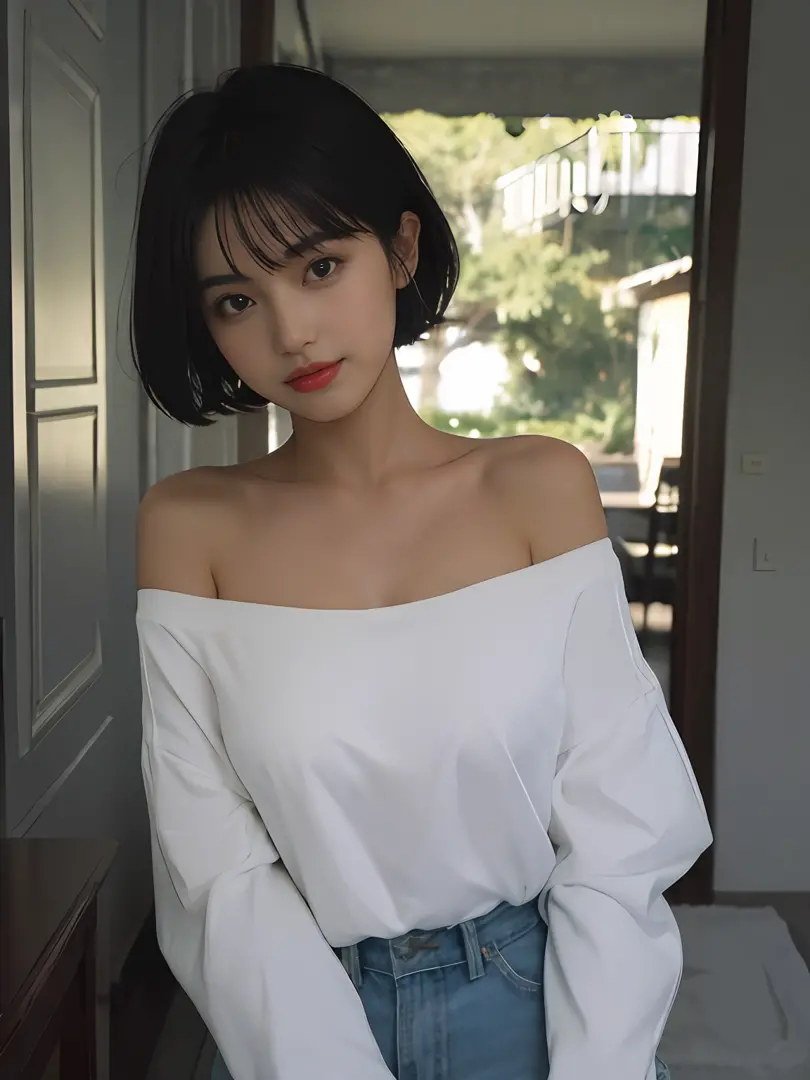best qualityer, tmasterpiece, Ultra-high none, (Fotorrealista: 1.5), RAW photogr, 1girll, offshoulder, In the dark, deep shading, discreet, cold light, sexy looks, short  hair, nouveau，Blackn clothes，middlebreast，ssmile