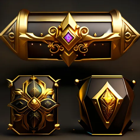 Gold and black background, colorful treasure chest, World of Warcraft spell icons, ability images, 16K upscale images, gold trim, gorgeous gold embellishments, very luxurious handles, simple backgrounds, all in gold,