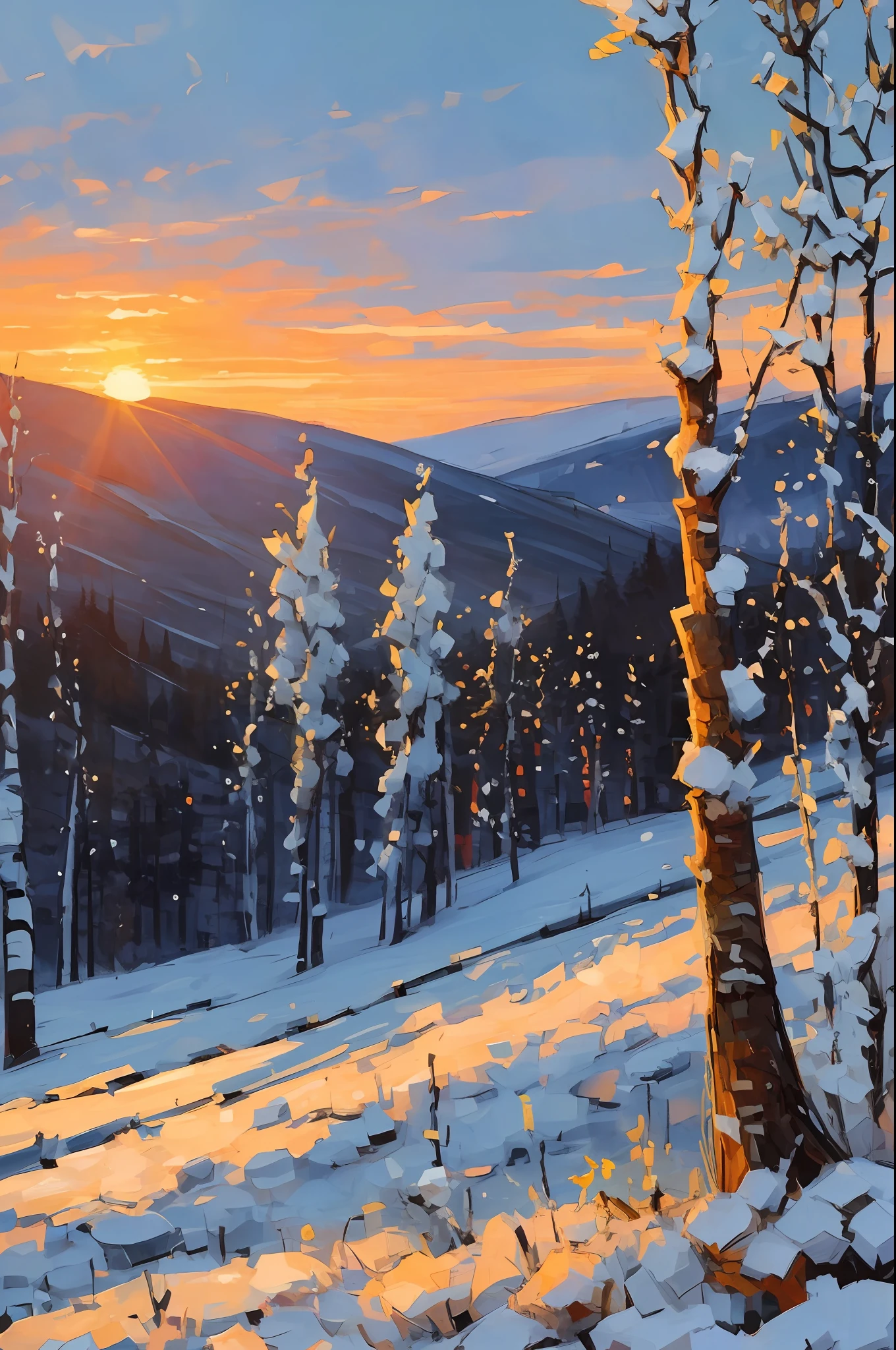 (No Man:1.8), winter, Birch forest, Snow, White mist, tree trunks, Overlooking, Depth of field,Sunset, Bird ,Super Liar Vista,