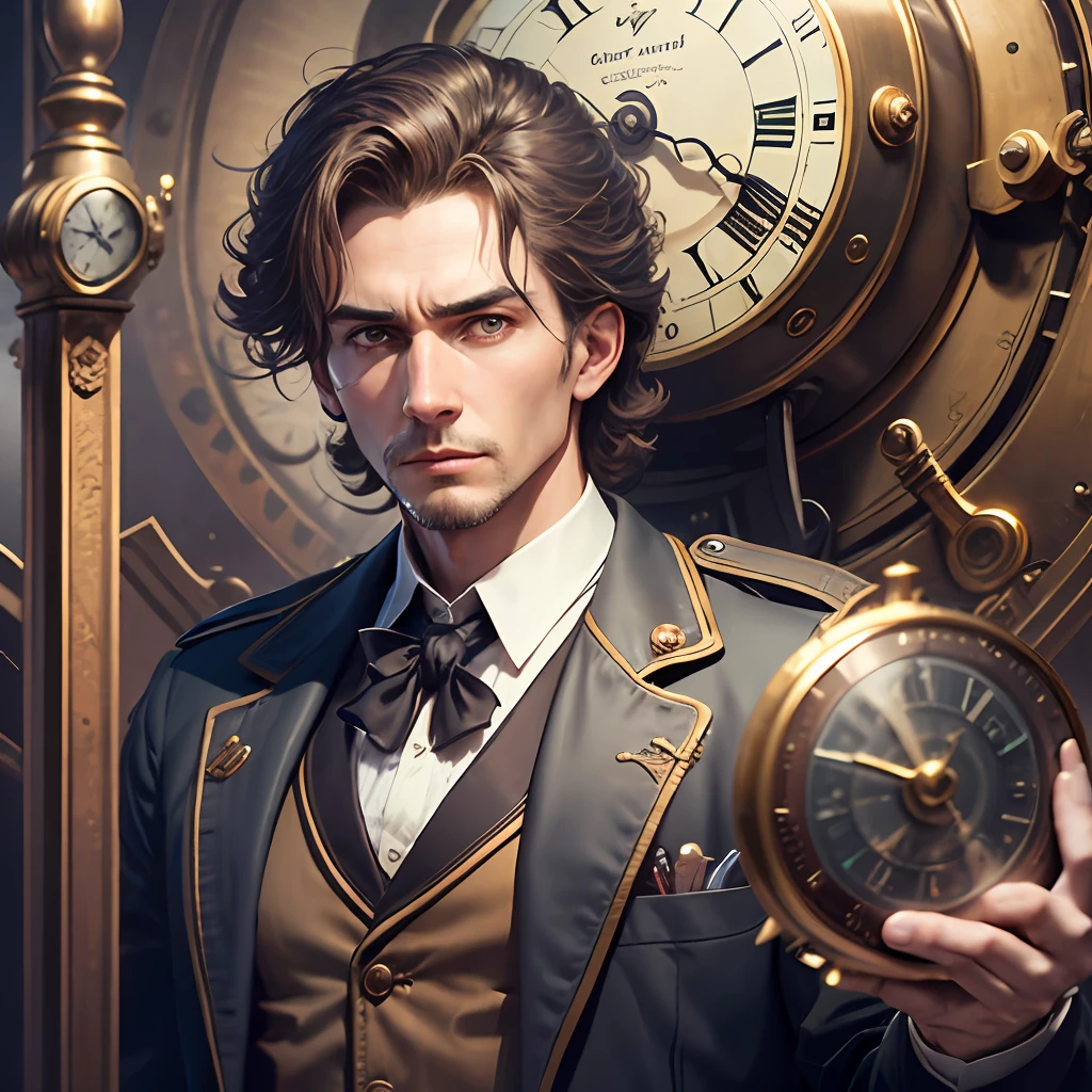 male people, Clock Machine, Hold a rifle, Time Traveler: Characters with time machines and different clothes from different historical periods, Ready to uncover the secrets of the past and future, realist