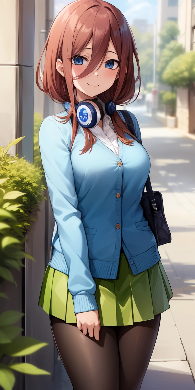 2d, masterpiece, best quality, anime, highly detailed, 1girl, solo, cowboy shot, nakano miku, brown hair, hair between eyes, blue cardigan, headphones, pantyhose, collared shirt, green skirt, miniskirt, medium breasts, standing, school, outdoors, smile