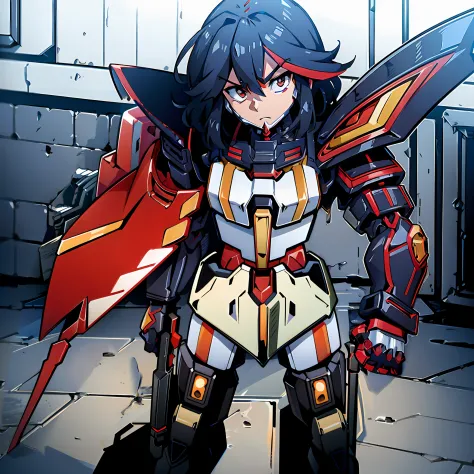 an anime character heavily encased in heavy armor wielding a weapon (arm-mount sword) standing in a room, gurren lagan, in mecha...