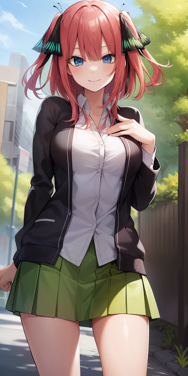 2d, masterpiece, best quality, anime, highly detailed, 1girl, solo, cowboy shot, nakano nino, pink hair, butterfly hair ornament, black cardigan, collared shirt, green skirt, miniskirt, medium breasts, standing, school, outdoors, smile
