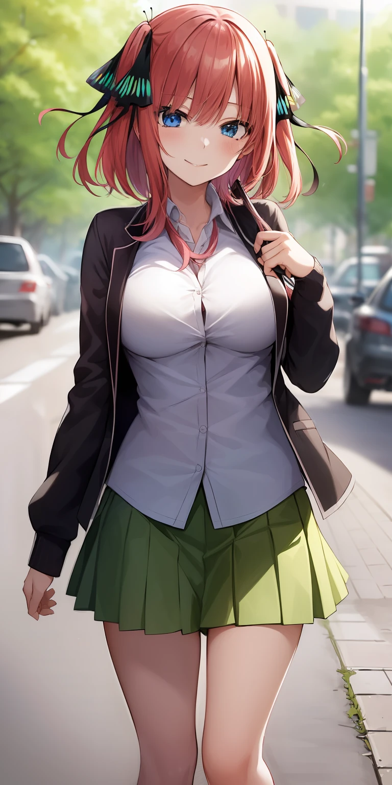 2d, masterpiece, best quality, anime, highly detailed, 1girl, solo, cowboy shot, nakano nino, pink hair, butterfly hair ornament, black cardigan, collared shirt, green skirt, miniskirt, medium breasts, standing, school, outdoors, smile