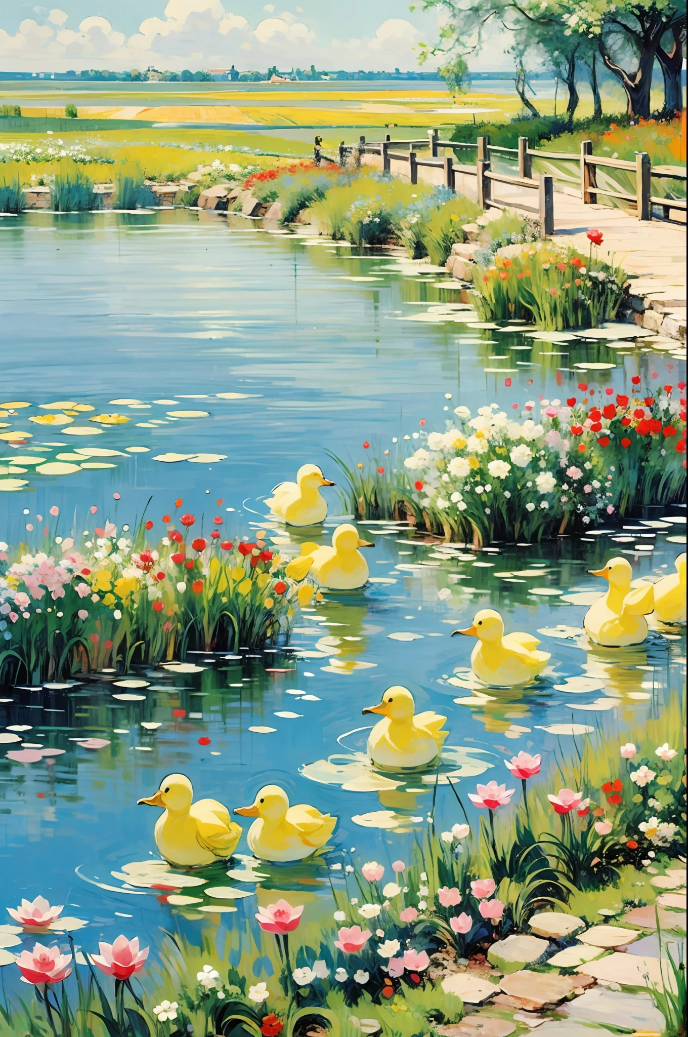 Lots of little yellow ducks, ponds, Monet's garden, lotus leaves, reeds, summer, breeze, coolness, water, bridges, water plants, small fish