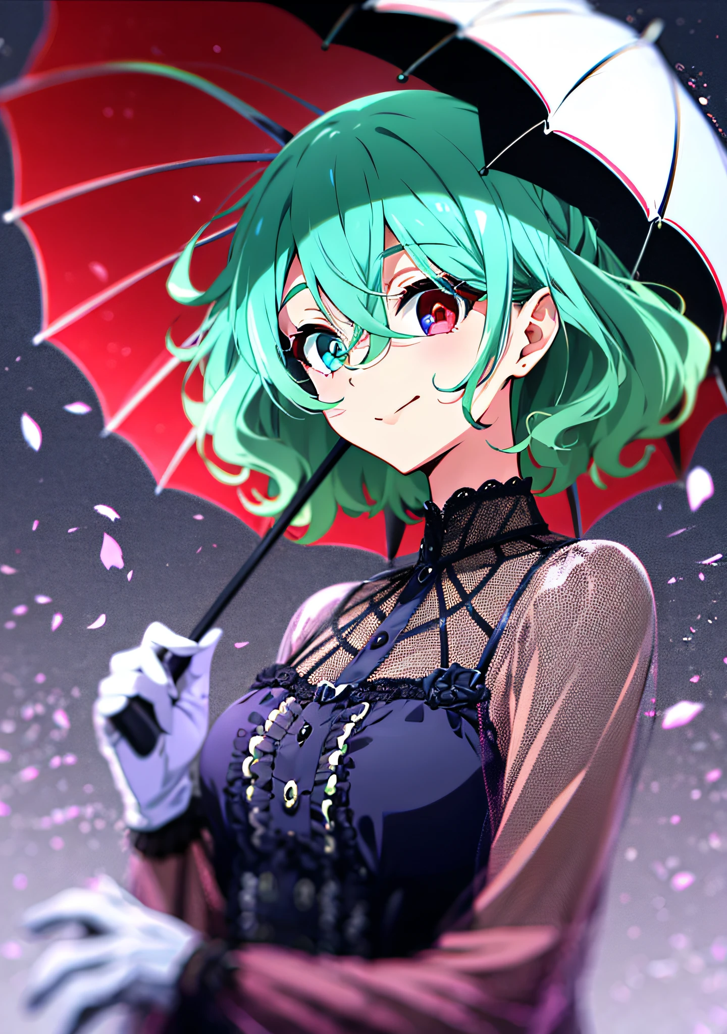 1girl, alternate costume, aqua dress, aqua hair, black background, blue eyes, bonnet, bow, closed mouth, collared dress, constricted pupils, cross-laced clothes, cross-laced dress, dress, flower, geta, gloves, hair between eyes, heterochromia, holding, holding umbrella, long sleeves, looking at viewer, multicolored umbrella, parasol, puffy dress, purple umbrella, red eyes, see-through, see-through sleeves, short hair, simple background, smile, solo, staring, tongue, transparent gloves, umbrella, victorian, wavy hair, white bow, white flower, white umbrella