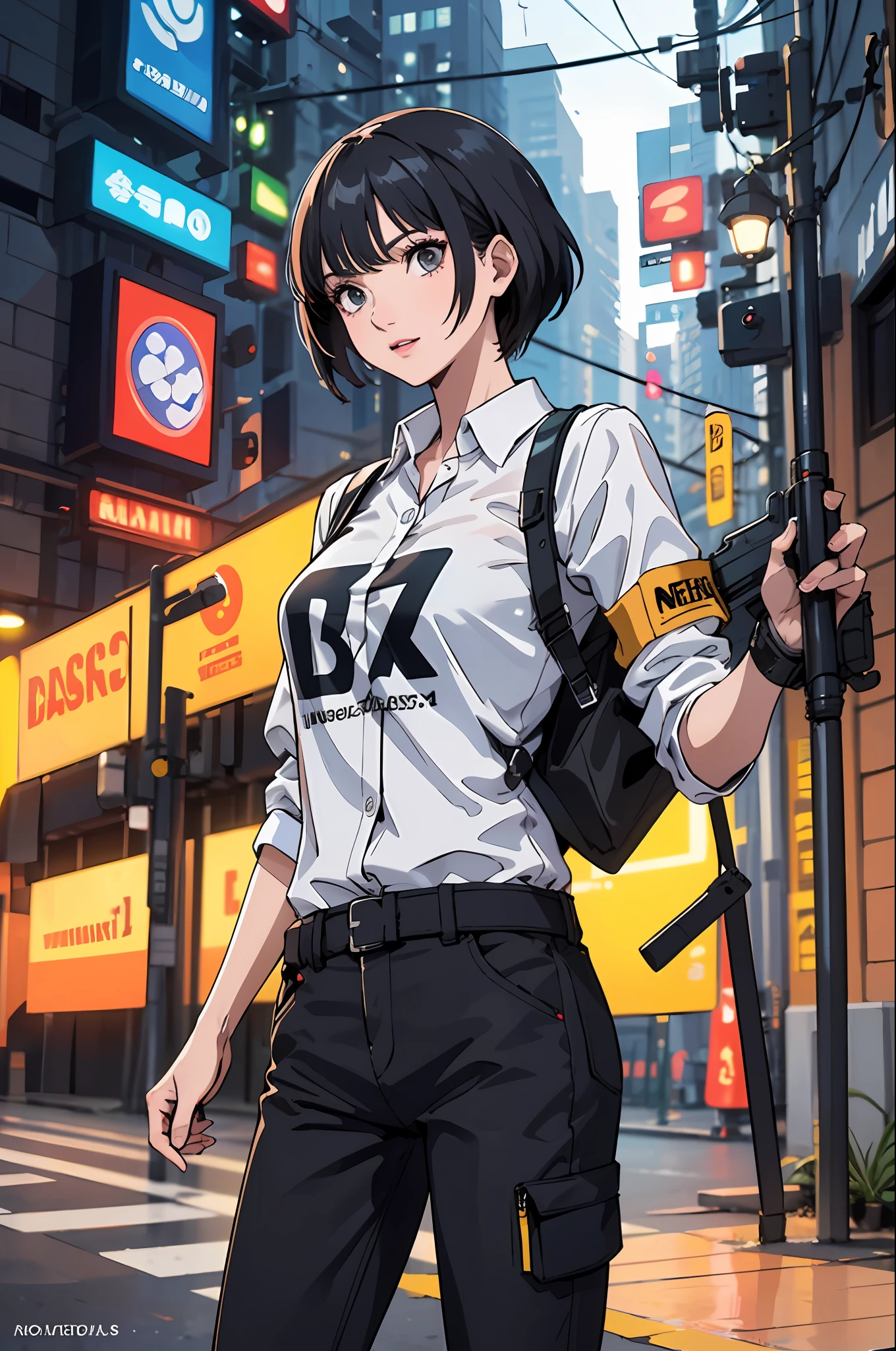 (best qualityer, Masterpiece artwork:1.2) | eye detailed:1.2 1 woman ,winking and showing tongue (dinamic angle, ass pov, muka, long hair,gun store) choker, chemise, open sweatshirt, finely detailled, Masterpiece artwork, clothes in the style of cyberpunk