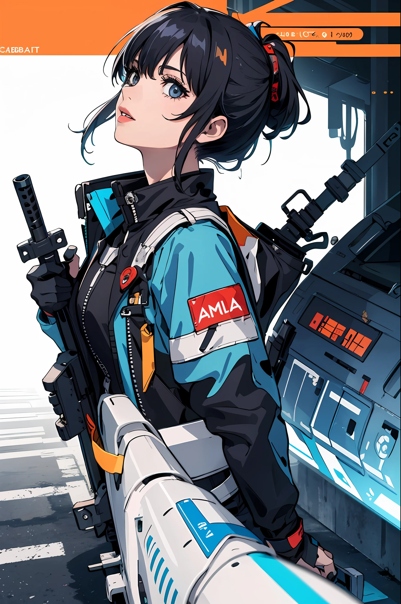 (best qualityer, Masterpiece artwork:1.2) | eye detailed:1.2 1 woman ,winking and showing tongue (dinamic angle, ass pov, muka, long hair,gun store) choker, chemise, open sweatshirt, finely detailled, Masterpiece artwork, clothes in the style of cyberpunk