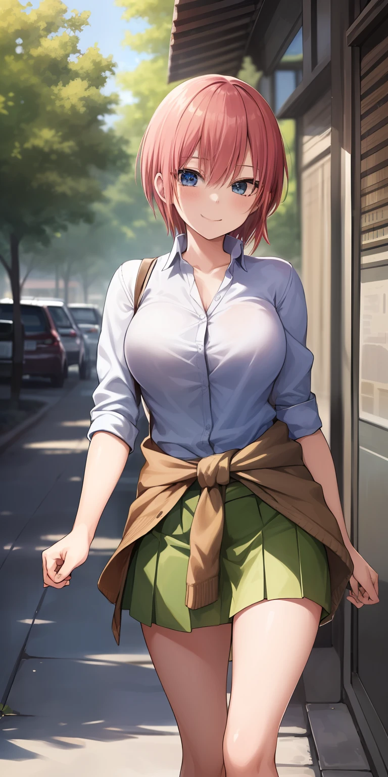 2d, masterpiece, best quality, anime, highly detailed, 1girl, solo, cowboy shot, nakano ichika, pink hair, short hair, cardigan around waist, collared shirt, green skirt, miniskirt, medium breasts, standing, school, outdoors, smile