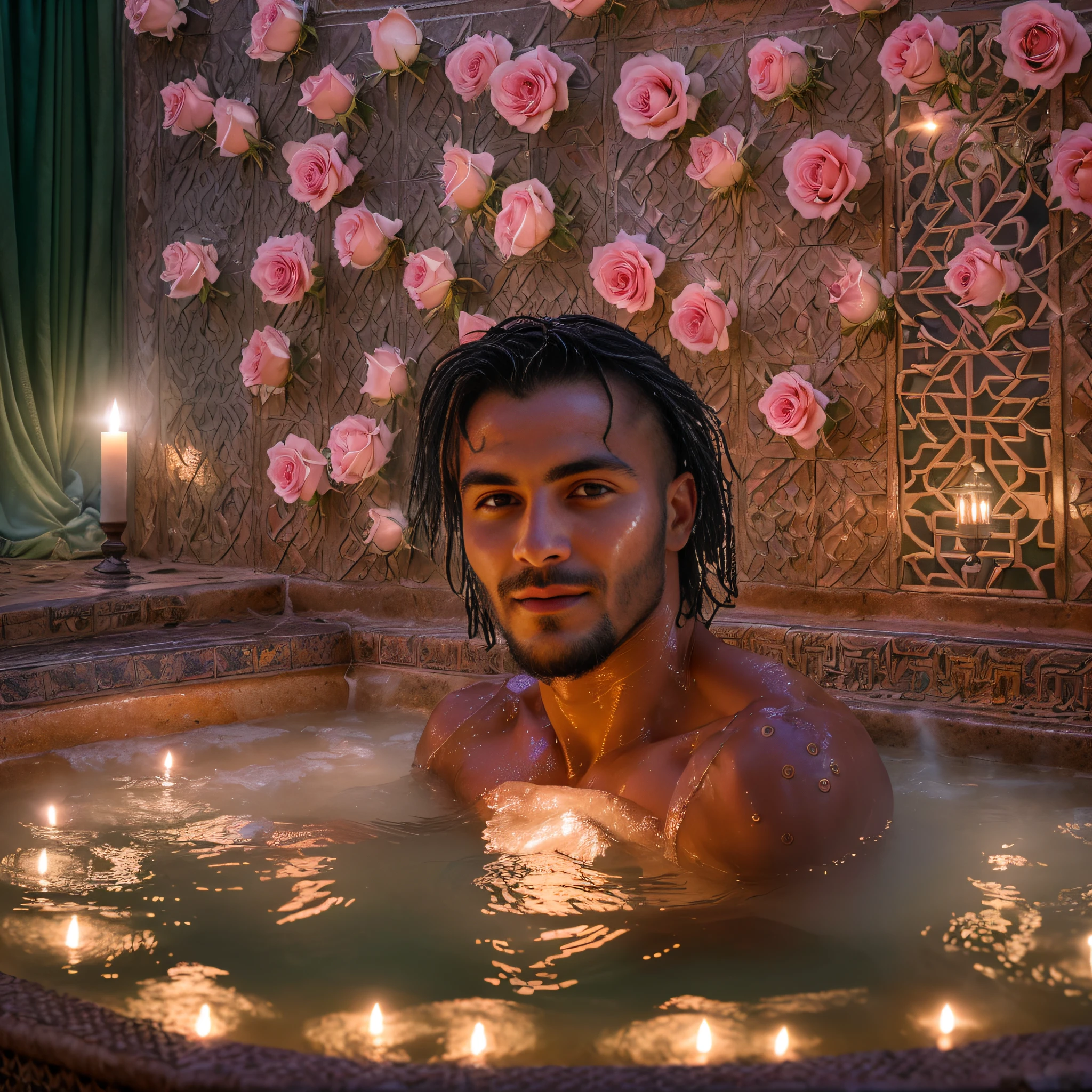 (Photo of Moroccan guy), muscles, dimples, sexy, alluring, gorgeous eyes, wet body, ((Moon view)), (riad jacuzzi), swimming, sitting, (clear hotsprings), (steam), (steamy hot), opalescent, Photoluminescence, fantasy, clear, Cinematic RAW photo, hyper real photo, ultrarealistic, dslr, soft lighting, high quality, reflections, photo, (iridescent), glimmering, misty, mystical, enchanting, (masterpiece) (best quality) (detailed) (8k) (HDR) (cinematic lighting) (sharp focus) (intricate), bioluminescent, celestial, candles, romantic, (Ouarzazate), ((Marrakech)), flowing, (masterpiece) (best quality) (detailed) (8k) (HDR) (wallpaper) (cinematic lighting) (sharp focus) (intricate), exotic lights, floating flowers, Fujifilm XT3, photographed on a Kodak Retina II Sanyo Xacti VPC-CA6, 50mm lens, HDR, hyper-realistic, colorgraded, pink roses