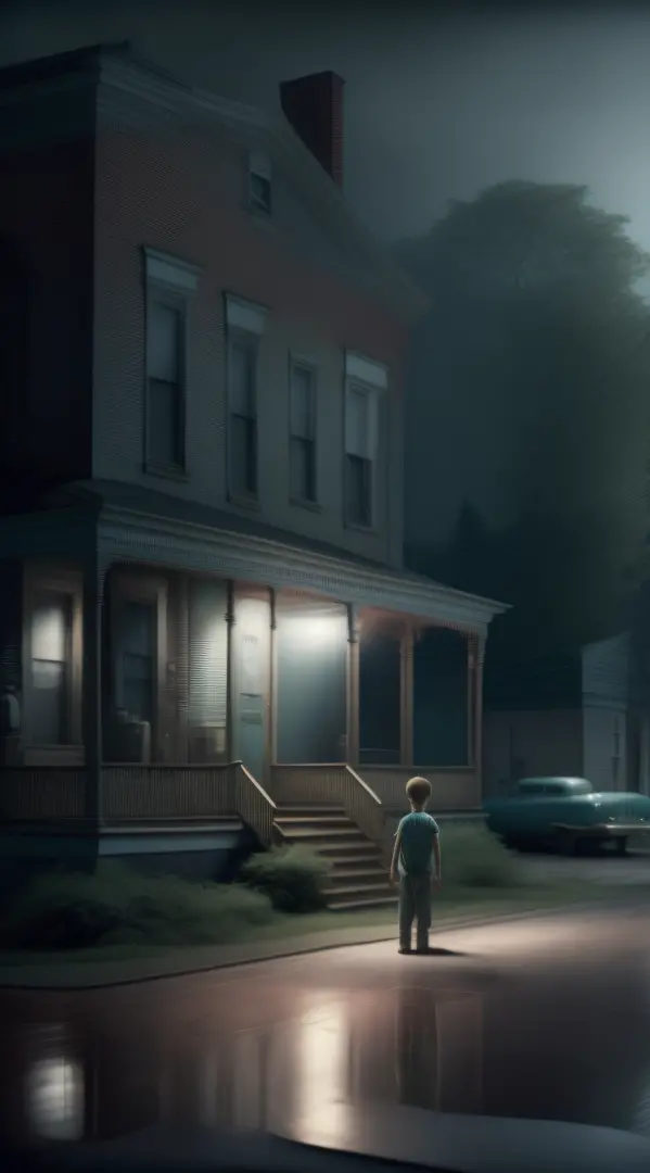 a boy standing in the middle of a suburban street, photographed by gregory crewdson, eerie, beautiful cinematic photography