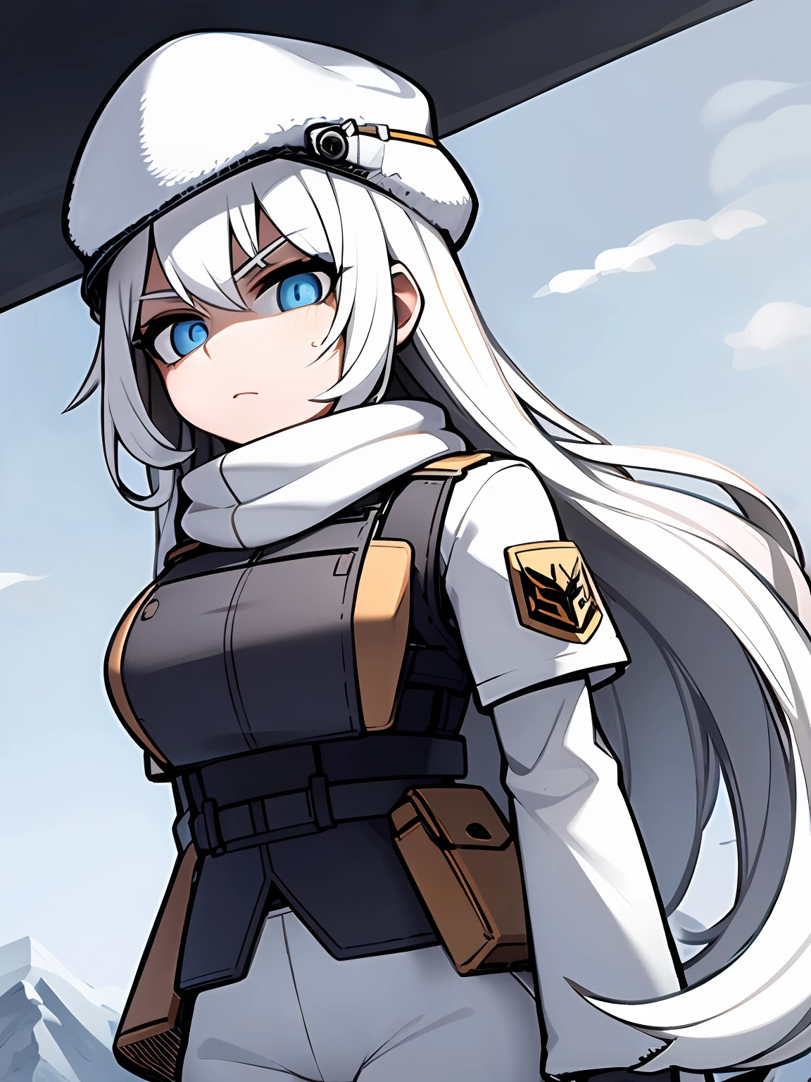 (masterpiece, best quality),1girl, long hair, white hair, blue eyes, Snow White Skin, warm lighting, camouflage clothing, bulletproof vest, fluffy white winter hat, camouflage white pants, serious, outdoors, snowy mountain, snow, arms behind back, dynamic angle